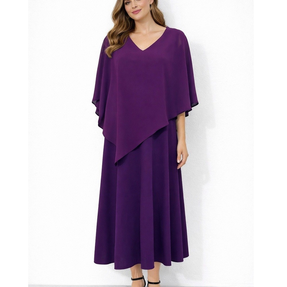 Elegant Plum Midi Dress with V-Neck Draped Overlay